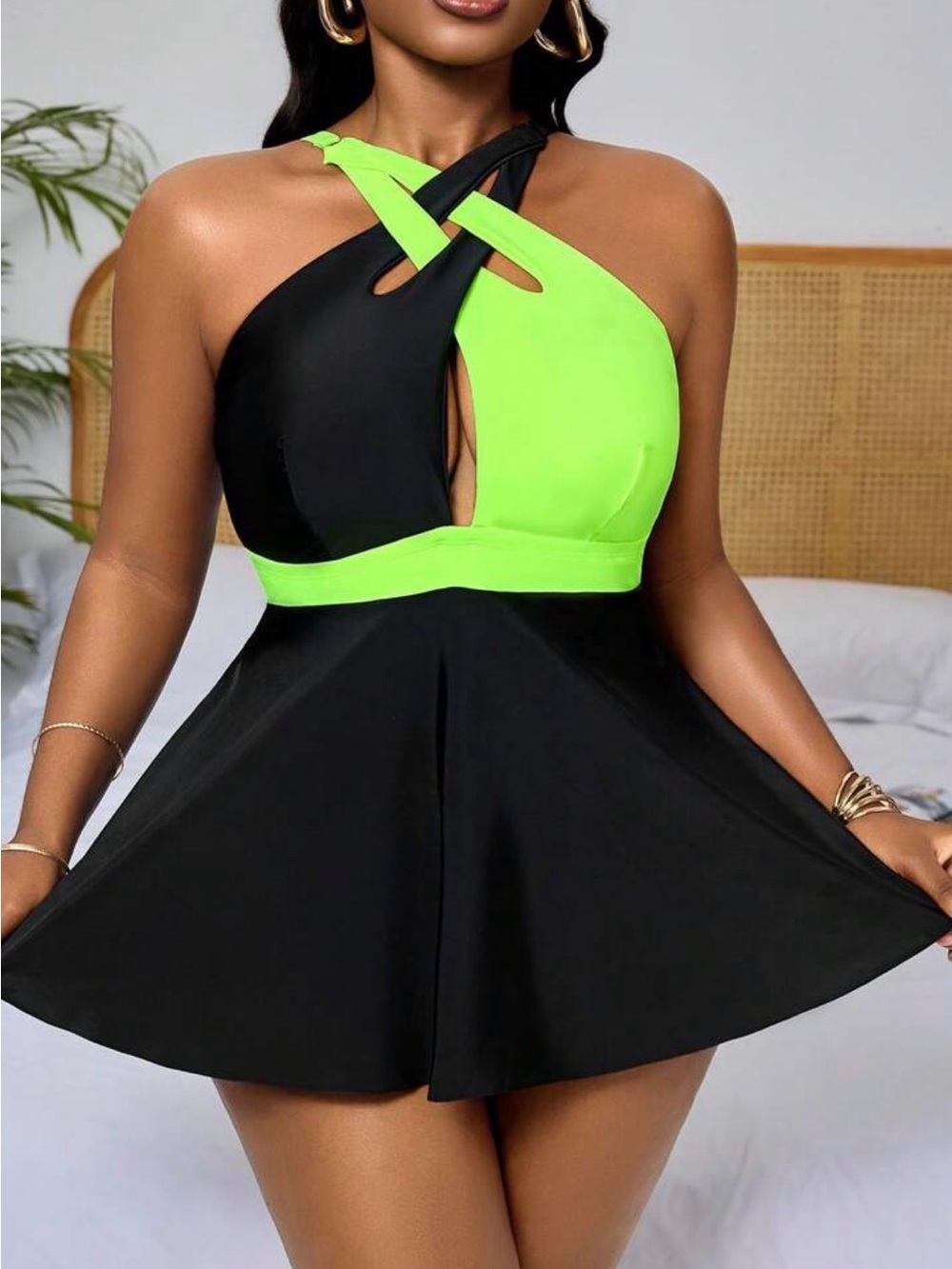 Women’s Plus SHEIN 3X Halter Neon Yellow Black Tankini Top Peplum Swim